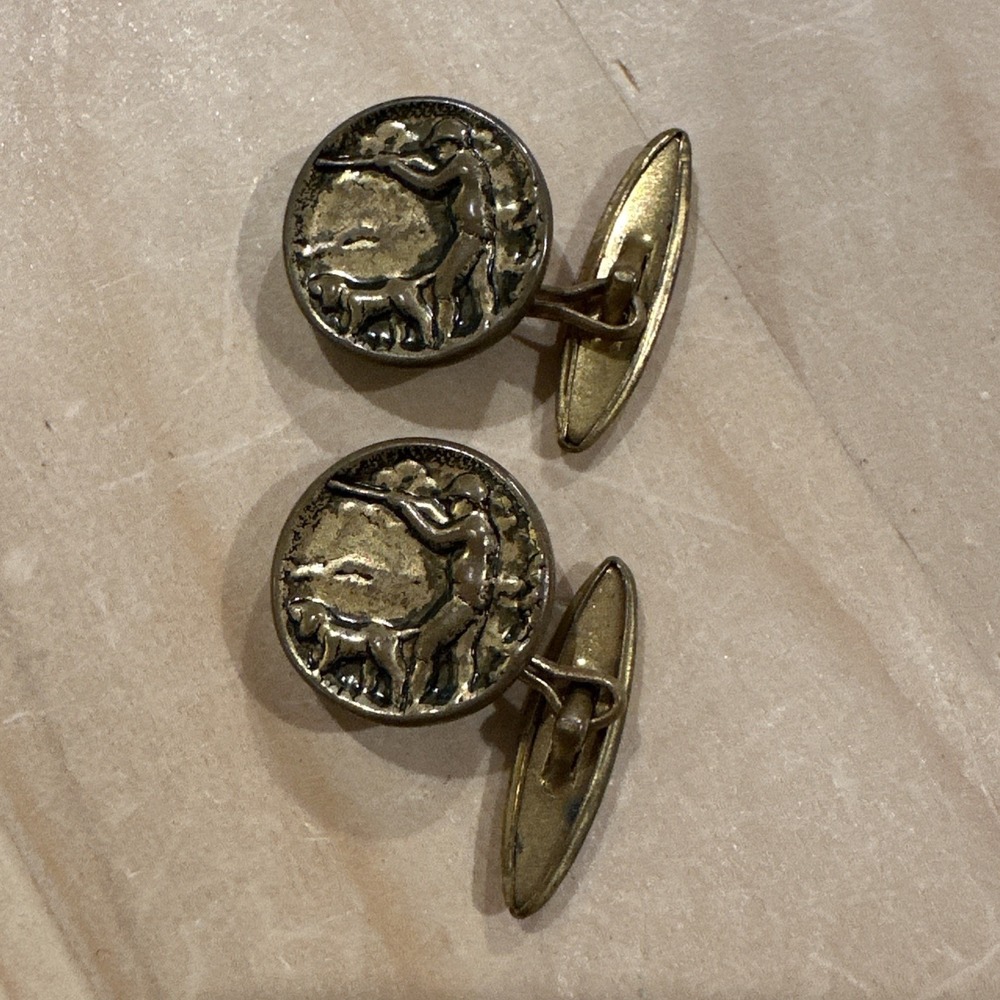 Vintage Antique Pair Stud Buttons 0.75 Inch Dog w Hunter Metal Picture Sportsman